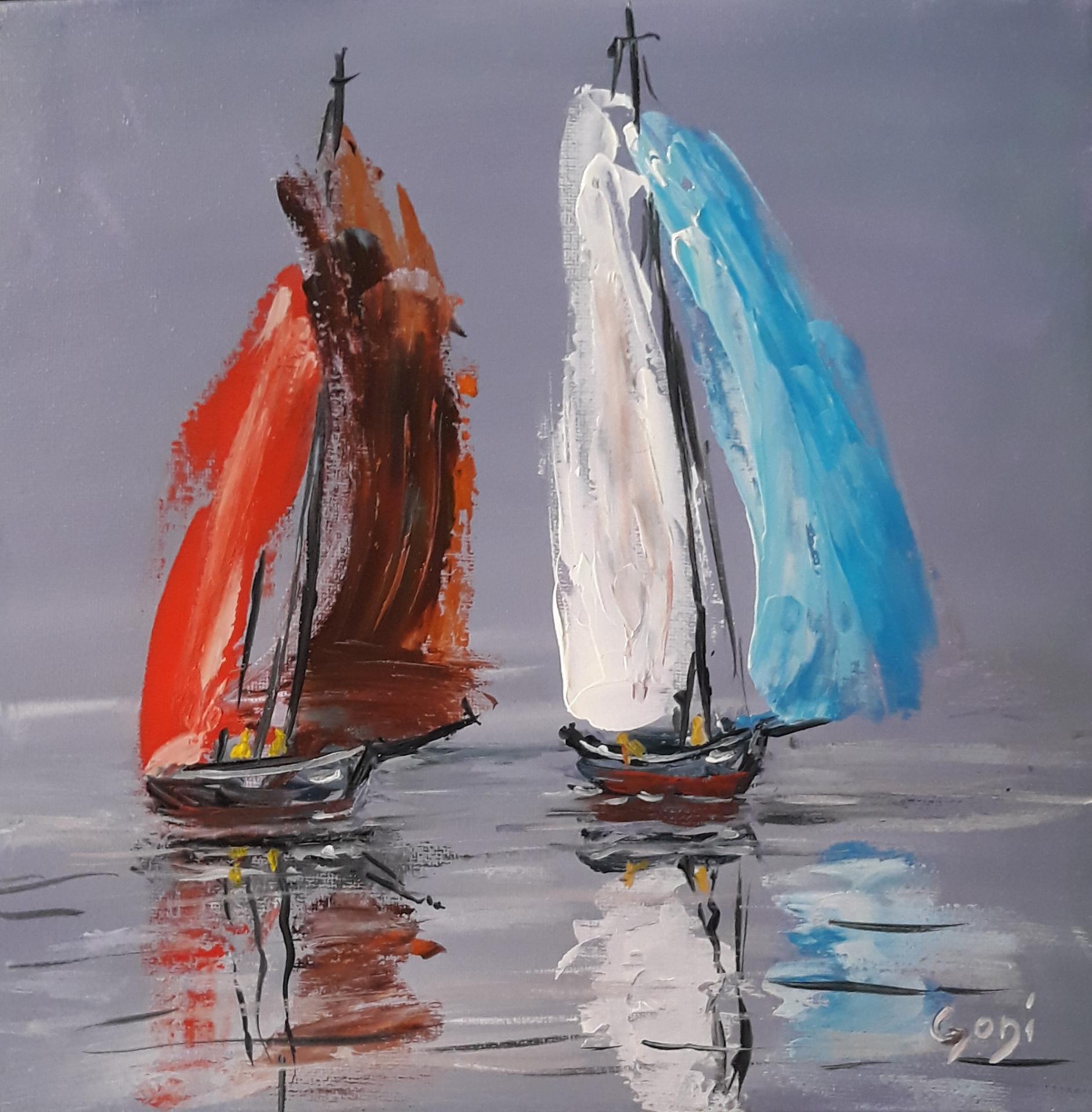 Deux voiliers sur mer violette 2019 acry 29x29
