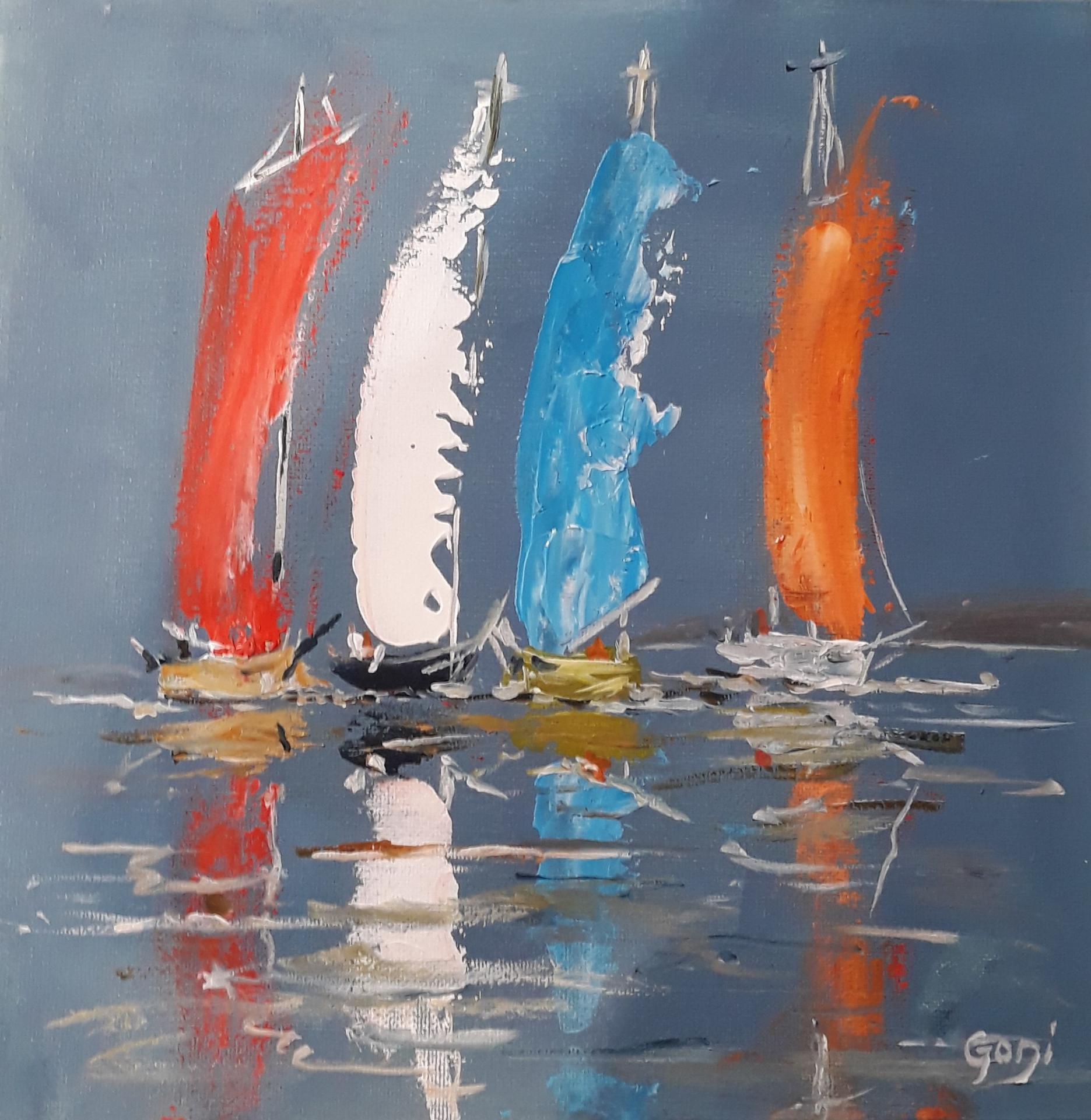  Quatre voiles sur mer grise 2019 acry 29x29