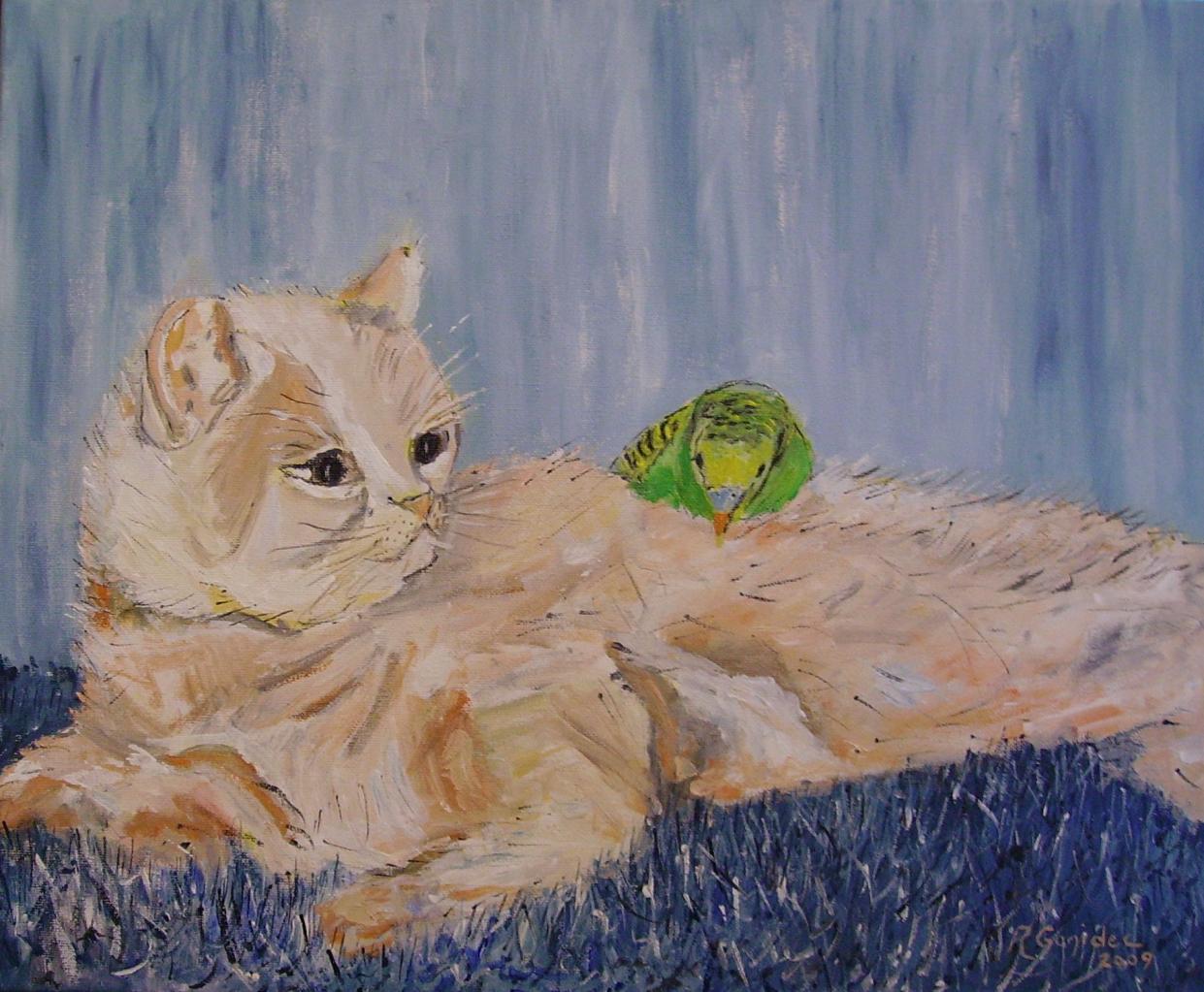 Le chat et la perruche - 2009 -Acrylique 46x38